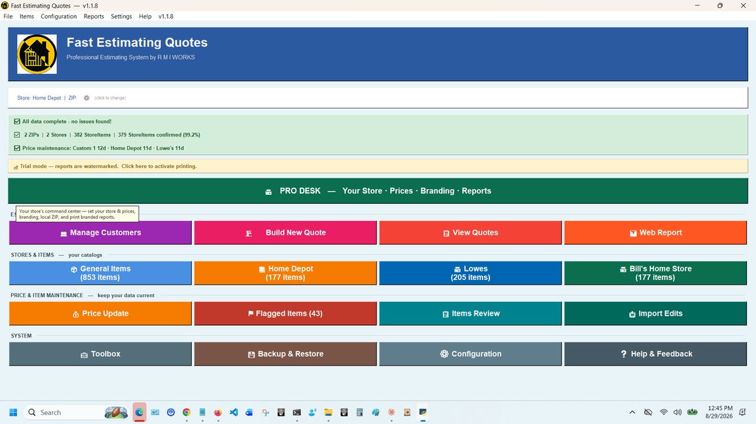 Fast Estimating Quotes main dashboard showing active store, ZIP, data completeness, and price maintenance tracking