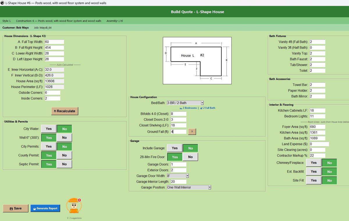Build Quote input form showing house dimensions, bath fixtures, and garage options