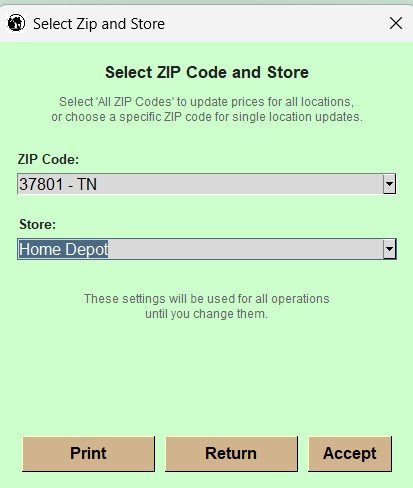 Select ZIP code and store dialog